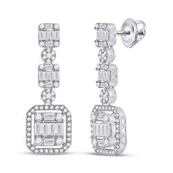 14kt White Gold Womens Baguette Diamond Dangle Earrings 1-1/2 Cttw