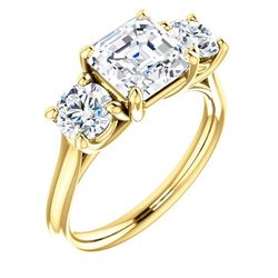 Natural 2.62 CTW 3-Stone Asscher Cut & Rounds Diamond Engagement Ring 18KT Yellow Gold