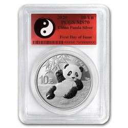 2020 China 30 gram Silver Panda MS-70 PCGS (FDoI, Yin-Yang)