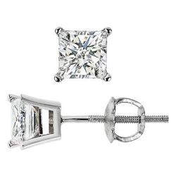 Natural 1.02 CTW Princess Cut Diamond Stud Earrings Push Back or Screw Back 18KT White Gold