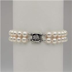 Double Strand White Akoya Pearl Bracelet with Custom Monogrammed Clasp