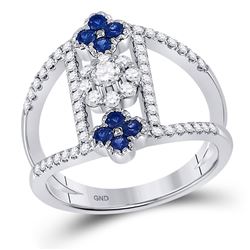 14kt White Gold Womens Round Blue Sapphire Diamond Fashion Ring 7/8 Cttw
