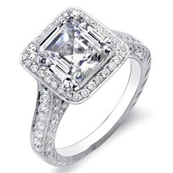 Natural 4.12 CTW Hand Carved Halo Asscher Cut Diamond Engagement Ring 18KT White Gold