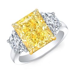 Natural 11.52 CTW Vivid Yellow Cushion Cut & Half Moons Diamond Ring 14KT Two-tone