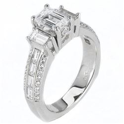 Natural 2.62 CTW Emerald Cut & Baguettes Diamond Engagement Ring 18KT White Gold