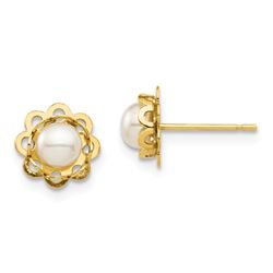 14k Yellow Gold White Button Pearl Floral Post Earrings - 4-5 mm