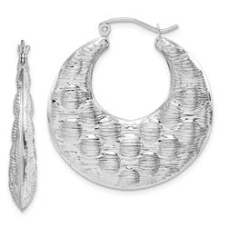 14k White Gold Polished Crescent Textured Hoop Earrings - 55 mm