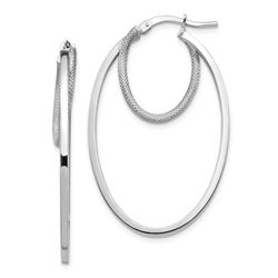 14k White Gold Polished & Textured Oval Hoop Earrings