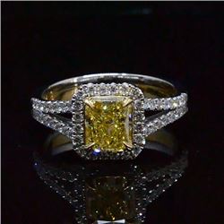 Natural 2.34 CTW Canary Intense Yellow Halo Radiant Cut Diamond Ring 14KT Two-tone