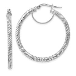 10k White Gold Twisted Round Omega Back Hoop Earrings - 3x30 mm