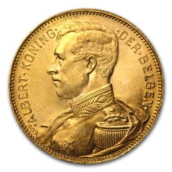 1914 Belgium Gold 20 Francs Albert I AU