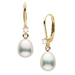 Metallic White Drop-Shaped Freshwater Pearl and Diamond Leverback Dangle Earrings