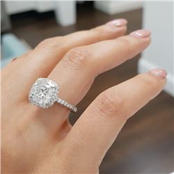 Natural 3.77 CTW Rectangle Cushion Cut Halo Diamond Engagement Ring 18KT White Gold