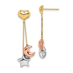 14k Tri-color HeartStar & Moon Dangle Post Earrings - 53 mm