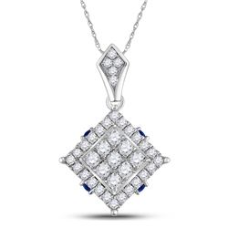 14kt White Gold Womens Round Diamond Blue Sapphire Square Pendant 5/8 Cttw