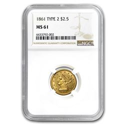 1861 $2.50 Liberty Gold Quarter Eagle New Reverse MS-61 NGC