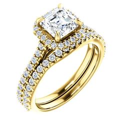 Natural 1.82 CTW Halo Asscher Cut Diamond Bridal Set 18KT Yellow Gold