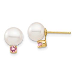 14k Yellow Gold White Pearl Pink Topaz Post Earrings - 7-7.5 mm