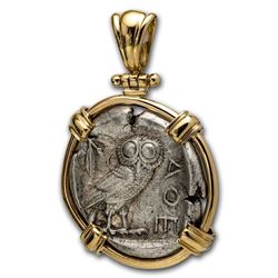 Attica Athens Silver Tetradrachm Owl (440-404 BC) 14 K Gold Bezel