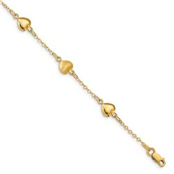 14k Yellow Gold Brushed & Polished Hearts Bracelet - 7 in.