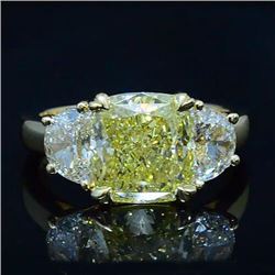 Natural 4.02 CTW Canary Yellow Cushion and Half Moons Diamond Ring 14KT White Gold
