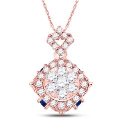 14kt Rose Gold Womens Round Diamond Blue Sapphire Cluster Pendant 5/8 Cttw