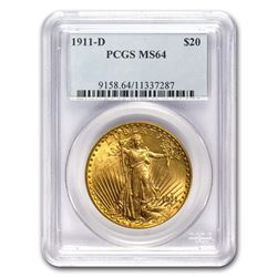 1911-D $20 Saint-Gaudens Gold Double Eagle MS-64 PCGS