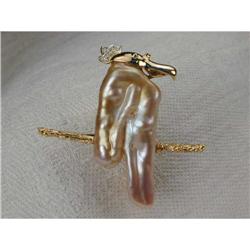 14K YG Baroque Pearl Diamond Parrot Brooch Pin #1527872