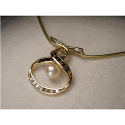 Estate 14K YG Sapphire Diamond Pearl Pendant #1527896