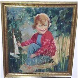 Oil painting of a young boy sailing a boat #1527947