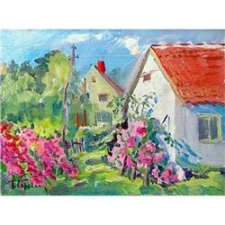 "Pink Small House" oil in impressionism style. #1539401