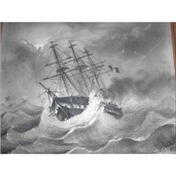 19thC Pencil Seascape Drawing signed J. Fleury #1539473