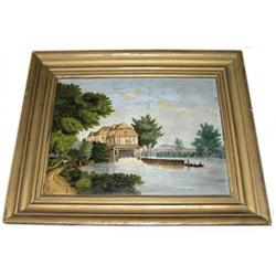 19th c French River Mill Folk Painting #1557106