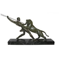 LIMOUSIN Art Deco Hunter & Lion Sculpture #1557187