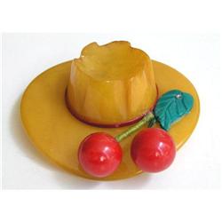 c1940 Bakelite Yellow Hat & Cherries Pin #1557317