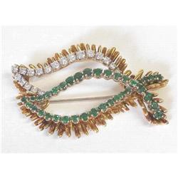 Vintage 18K Gold Emerald & Diamond Leaf Brooch #1557379