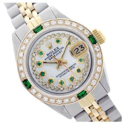 Rolex Men's Two Tone 14K Gold/SS, QuickSet, Diam/Ruby Dial & Diam/Emerald Bezel - REF-575M2F