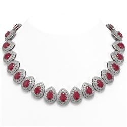 121.42 ctw Certified Ruby & Diamond Victorian Necklace 14K White Gold - REF-3416A5N