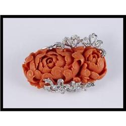 18K White Gold Coral and Diamond Flower Brooch #1504820