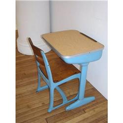 Vintage Retro Blue Metal School Desk with Chair#1517338