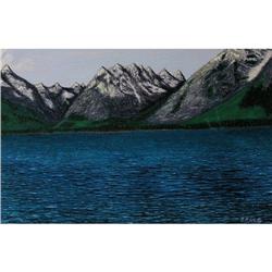 ORIG LANDSCAPE OIL PAINTING MOUNTAINS AND LAKE #1517393