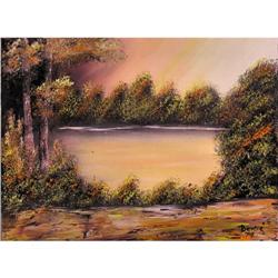 ORIG OIL PAINTING SUNSET WITH POND AND TREES #1517397