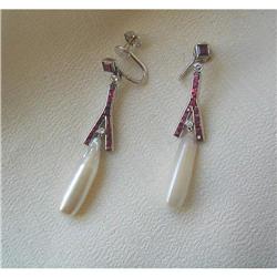 ESTATE 1 7/8" LONG PEARL & RUBY EARRINGS #1528752