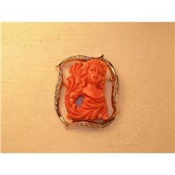 Estate 14K YG Diamond Carved Cameo Coral Brooch#1528846