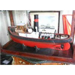 Big Vintage Wooden Model of Tug Boat & Case #1528870