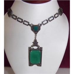 Estate Art Deco Jade Silver Marcasite Necklace #1528990