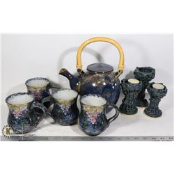 CERAMIC TEA SET WITH SET OF CANDLE HOLDERS