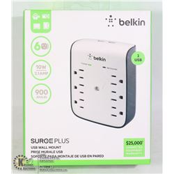BELKIN 6 OUTLET + 2 USB SURGE PLUS WALL MOUNT