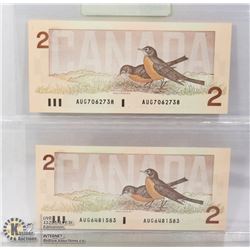 1986 CANADA $2 UNCIRCULATED, 2 CONSECUTIVE BILLS