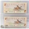 Image 1 : 1986 CANADA $2 UNCIRCULATED, 2 CONSECUTIVE BILLS